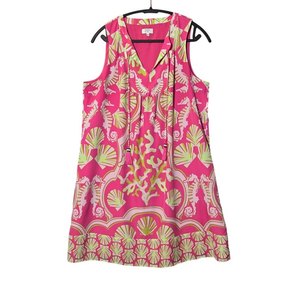 crown & ivy Dresses & Skirts - Crown & Ivy Seahorse Shell Tassel Shift Dress Pink Green 14 Preppy Beach Resort